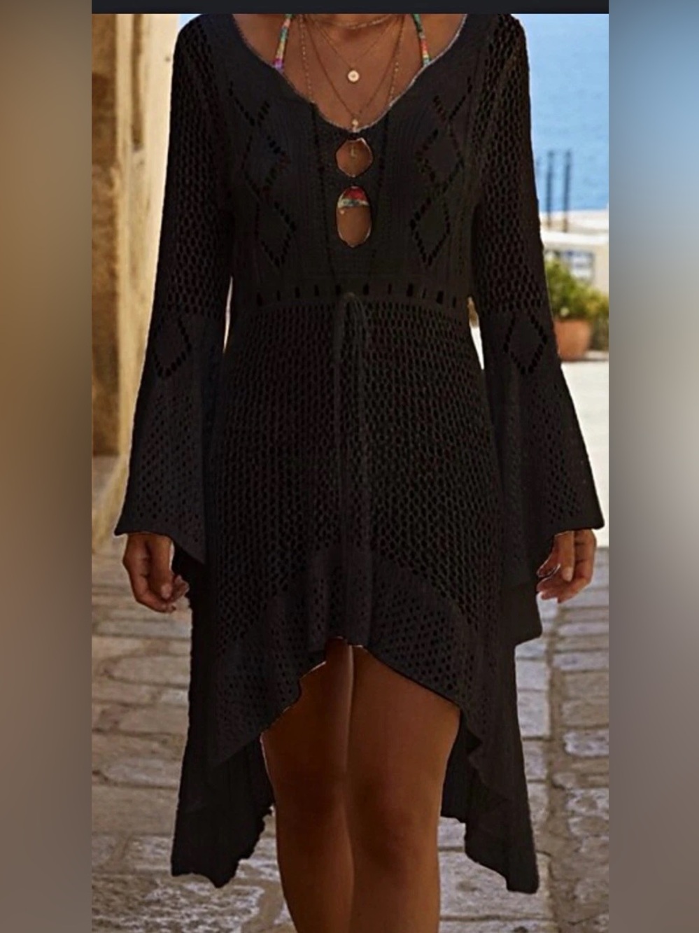Black Crochet Swim Coverup with Asymmetric Hem